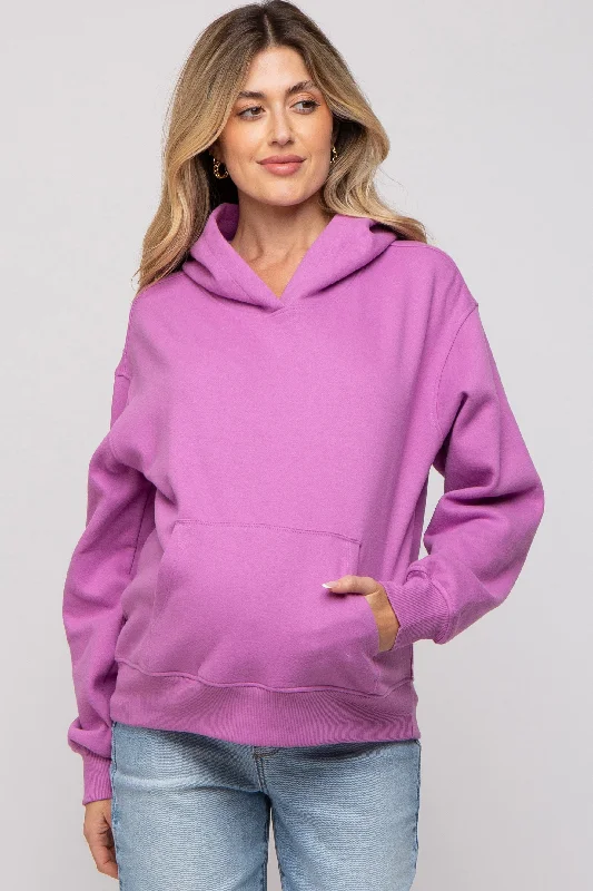 Lavender Front Pocket Hooded Fleece Maternity Sweatshirt Hoodie with Rolled Sleeves Casual Relaxed