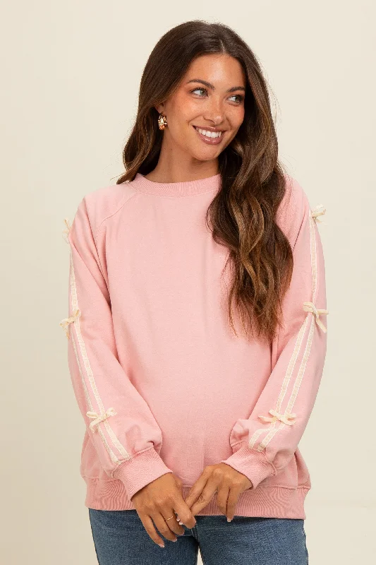 Light Pink Velvet Bow Accent Maternity Sweatshirt Hoodie with Back Slit Movement Comfort