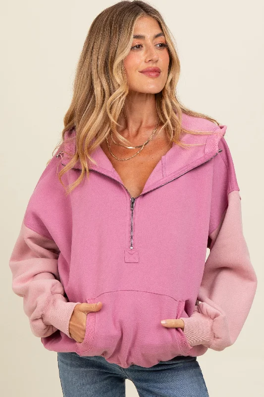 Mauve Colorblock Half Zip Maternity Hoodie Hoodie with Lace Feminine Delicate