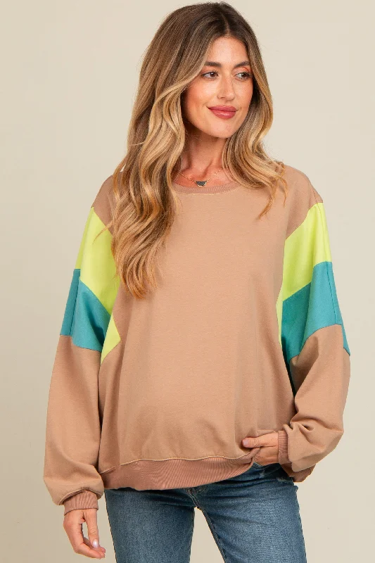 Mocha Colorblock Dolman Sleeve Maternity Sweatshirt Hoodie with Turtle Neck Cozy Winter