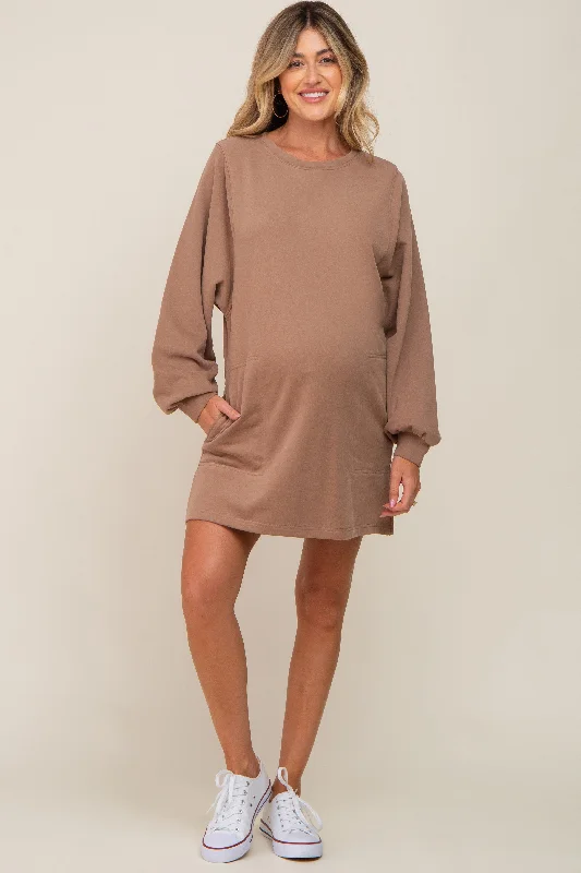 Mocha Ultra Soft Maternity Sweatshirt Dress Hoodie with Oversized Fit Loose Comfortable