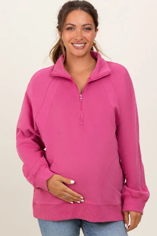 Pink Half Zip Contrast Rib Sweatshirt Maternity Top Hoodie with Set-In Sleeves Structured Classic