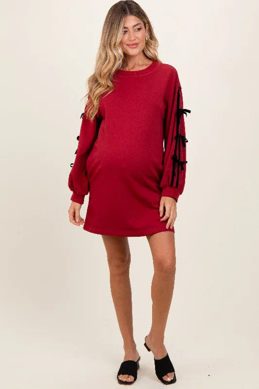 Red Bow Detail Long Sleeve Sweatshirt Maternity Mini Dress Hoodie with Ribbed Hem Stretchable Secure