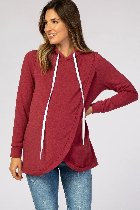 Red Layered Front Maternity/Nursing Fleece Hoodie Hoodie with Hem Ribbing Snug Secure