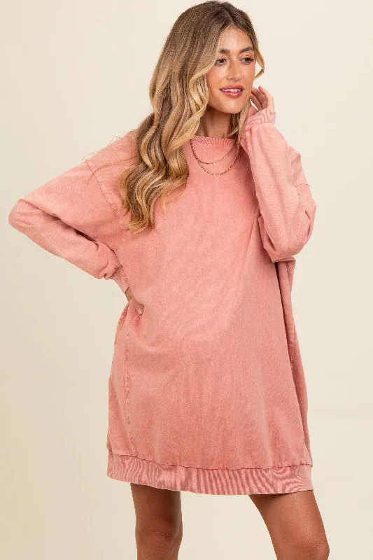 Salmon Mineral Wash Maternity Sweatshirt Dress Hoodie with Slim Fit Tailored Modern