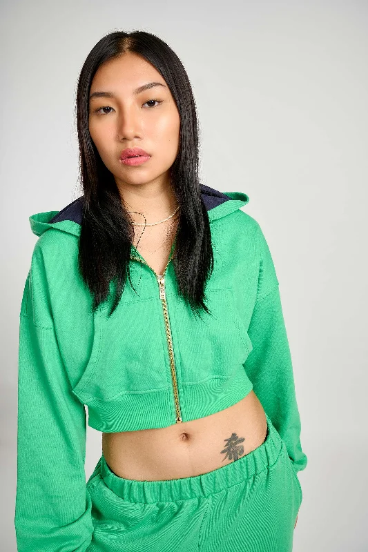 Seafoam Crop Zipper Hoodie Hooded Sweatshirt Casual Wear Street Style