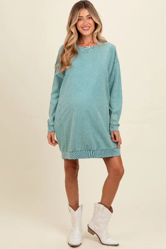 Teal Mineral Wash Maternity Sweatshirt Dress Hoodie with Monochrome Minimalist Simple