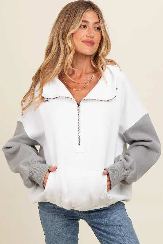 White Colorblock Half Zip Maternity Hoodie Hoodie with Applique Textured Unique