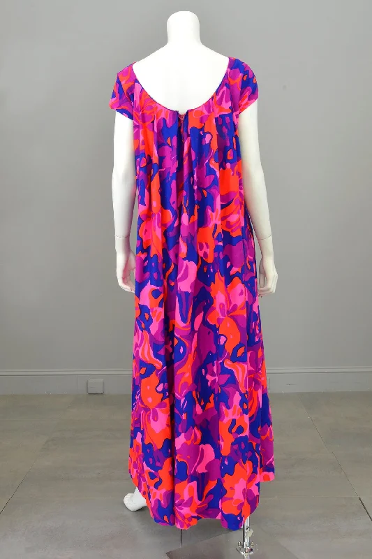 1960s 70s Bright Neon Pink Purple Babydoll Maxi Dress with Draped Back | Hawaiian Dress Chic Sleeveless Maxi Dress