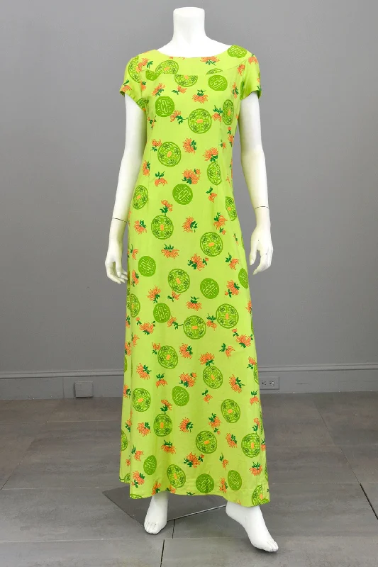 1960s 70s Hawaiian Lotus Print Draped Back Babydoll Maxi Dress Classic V-Neck Maxi Dress