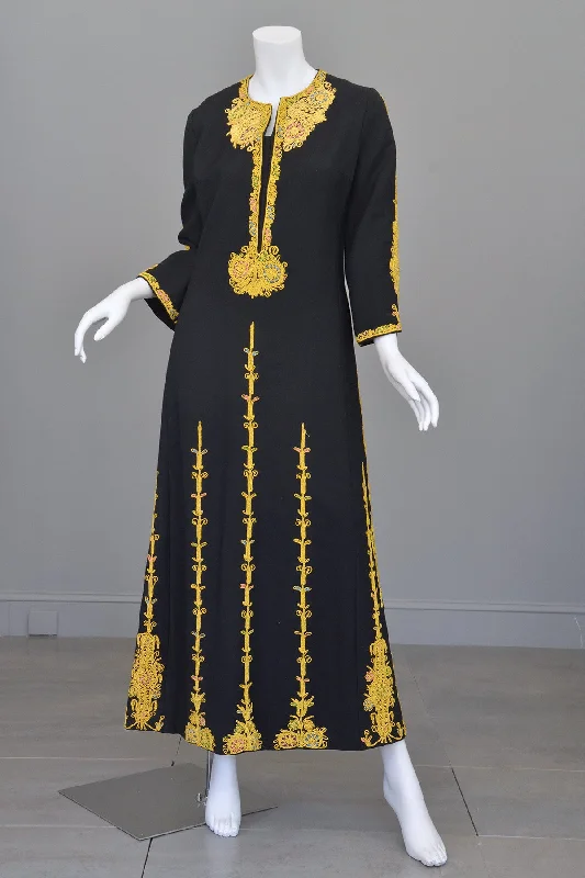 1970s Black Wool Gold Embroidered A-Line Caftan Maxi Dress Elegant Maxi Dress with Lace