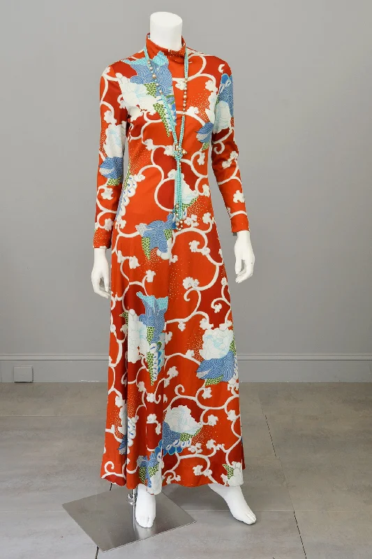 1970s Burnt Orange Blue Retro Abstract Op Art Print Maxi Dress Elegant Wraparound Maxi Dress