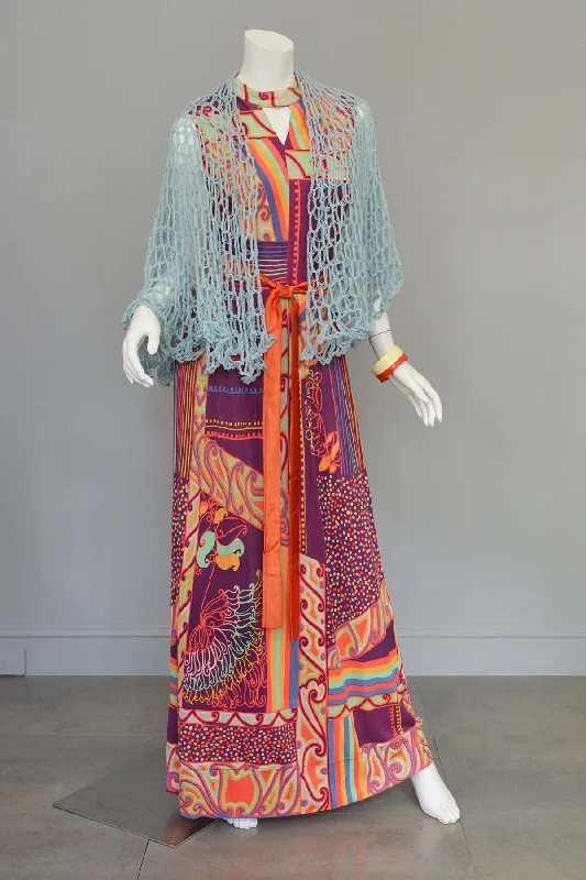 1970s Colorful Op Art Silky Knit Maxi Dress Keyhole Neckline Elegant Boho Maxi Dress