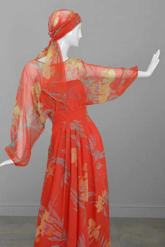 1960s 70s Designer Floral Print Chiffon Obi Sash Kimono Maxi Dress from Bergdorf Goodman Comfortable Bohemian Maxi Dress