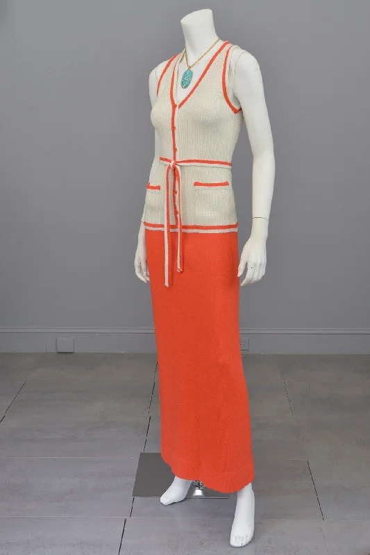 1970s Orange and Off-White Color Block ModKnit Maxi Dress Fashionable Off-Shoulder Maxi Dress