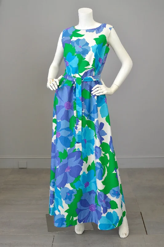 1970s Malia Honolulu Purple Blue Green Hawaiian Floral Print Wrap Around Maxi Dress with pockets Fashionable Maxi Dress with Fringe