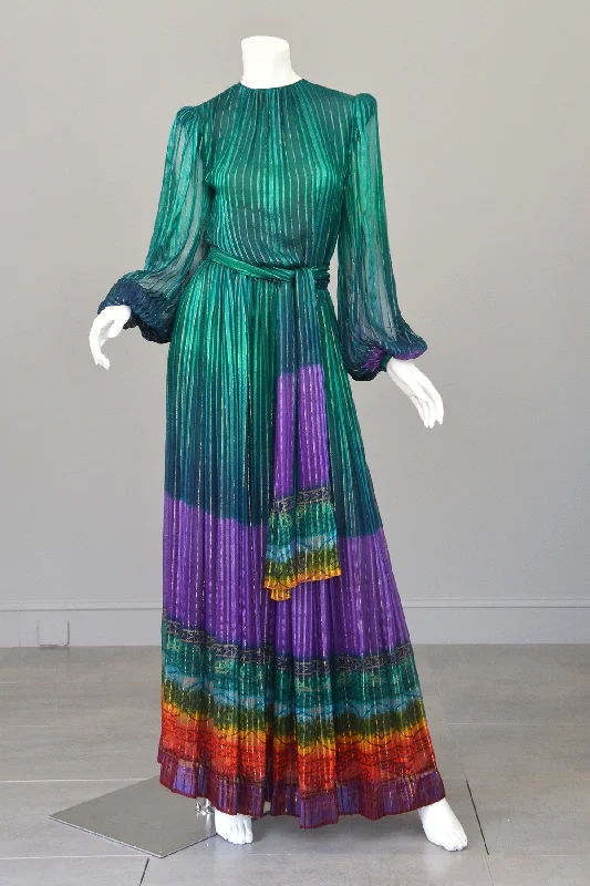 RESERVED 1970s Sheer Peacock Rainbow Silk Maxi Dress with Poet Sleeves Vintage Dress Trendy Ruffled Maxi Dress