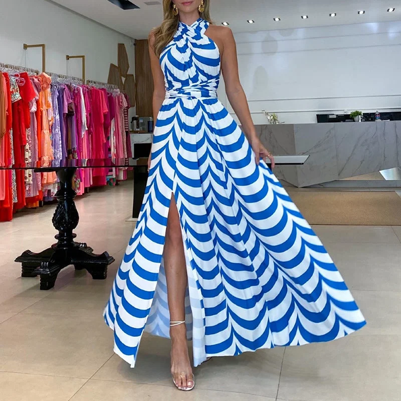 2022 summer new women's sweet striped halterneck high waist slit maxi dress Elegant Maxi Dress with Lace