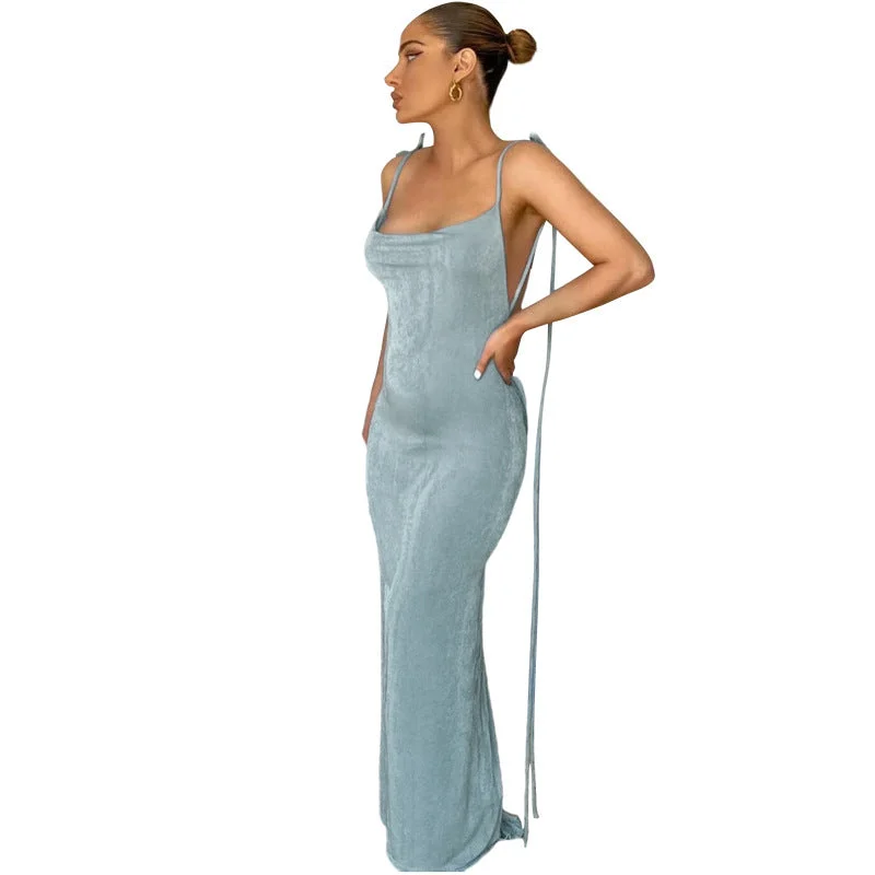 2022 Women Swing Collar Backless Maxi Dress Sexy Spaghetti Strap Slim Sleeveless Prom Dress Long Club Party Beach Dress Outfits Elegant Lace Maxi Dress