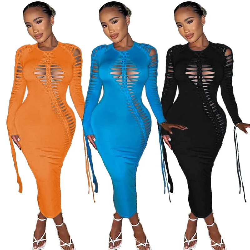 2023 New Fashion Women Fall Dresses For Women Sexy Long Sleeve Dresses HOLLOW OUT Cut Out Lace Up Sexy Bodycon Maxi Dress Stylish Button-Up Maxi Dress