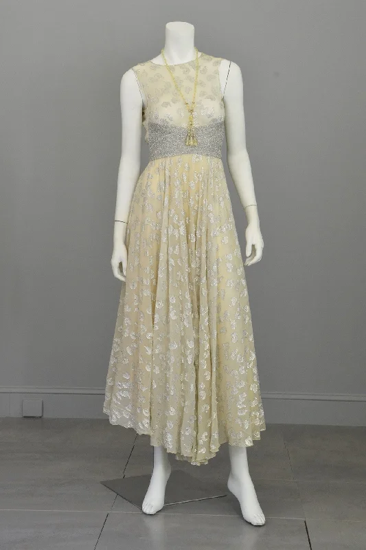 60s 70s Silver Metallic Lame on Cream Chiffon Maxi Dress Gown Adele Simpson Comfortable Maxi Dress with Belt