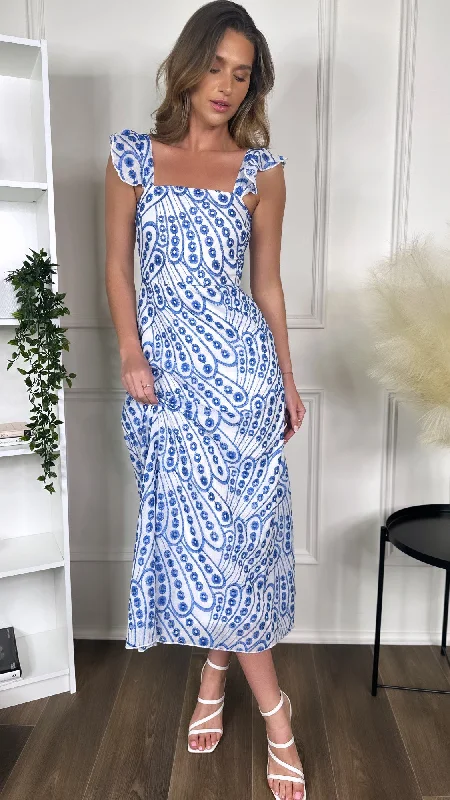 Alivia Blue Broderie Anglaise Maxi Dress Trendy Short Sleeve Maxi Dress