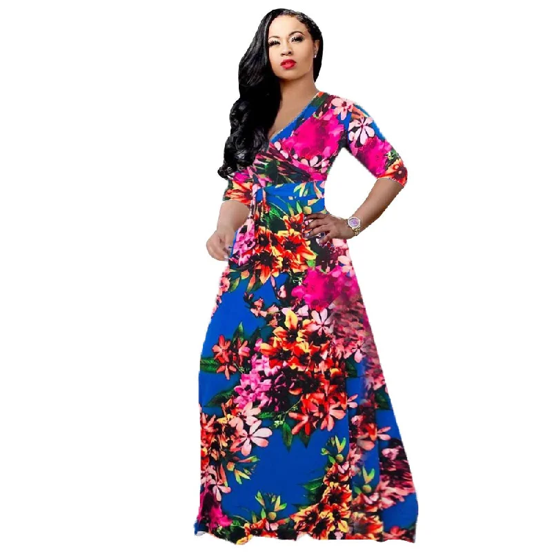 Amazon Hot Sale  Casual Deep V-neck Print  Flower  Maxi Dress Plus Size Long Sleeve Prom Fashion Dress Cozy Open-Back Maxi Dress