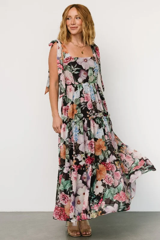 Anita Maxi Dress | Black Multi Floral Cozy Open-Back Maxi Dress