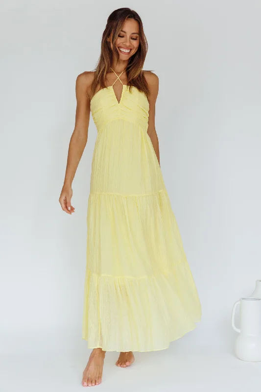 Asiah Halterneck Maxi Dress Lemon Elegant Maxi Dress with Pockets