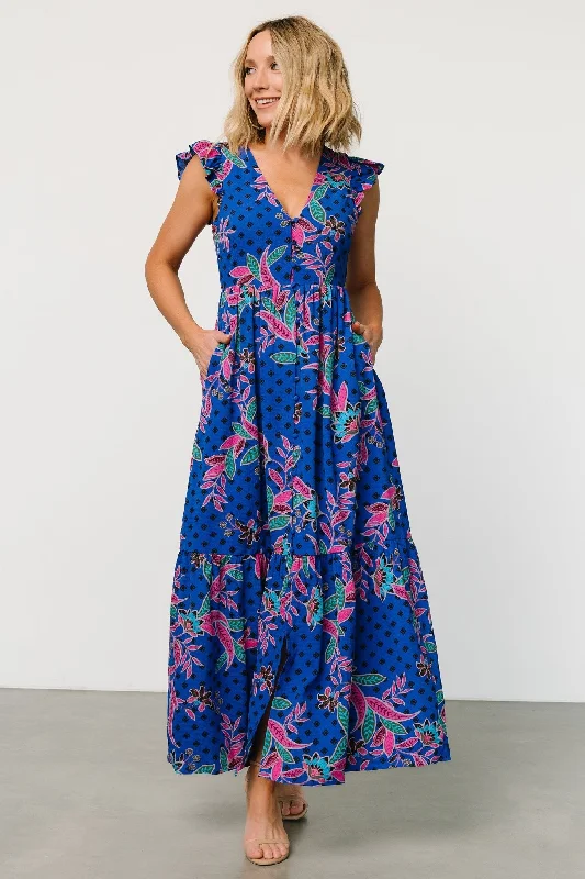 Biscayne Maxi Dress | Indigo Print Trendy Maxi Dress with Belt