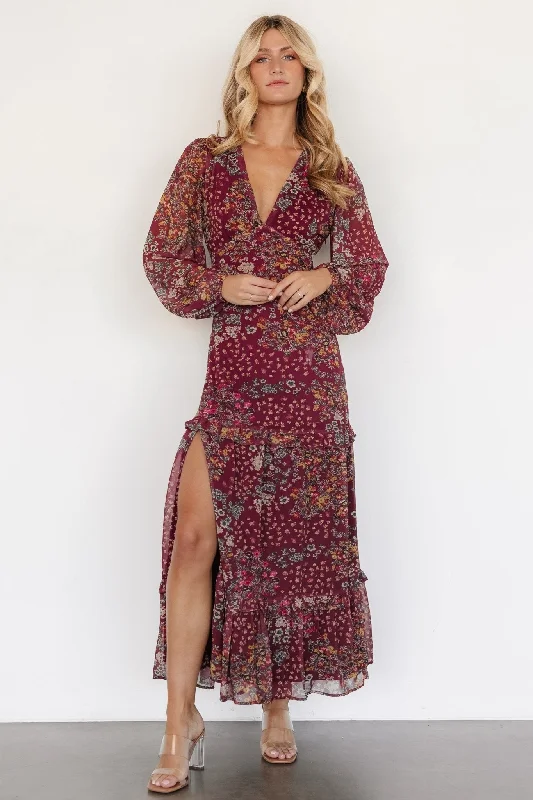 Bowman Deep V Maxi Dress | Burgundy Multi Cozy Maxi Dress with Slit