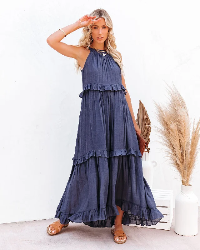 Brave Soul Pocketed Halter Maxi Dress - Navy Stylish A-Line Maxi Dress