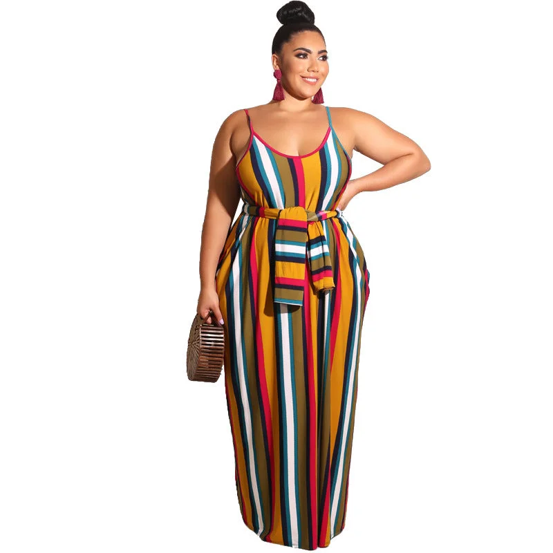 casual dress summer plus size women's striped loose belted suspender plus size dress summer maxi dresses women Cozy Knitted Maxi Dress