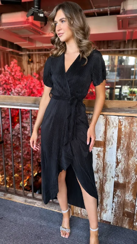 Celyn Black Plisse Split Hem Frill Detail Maxi Dress Comfortable Fitted Maxi Dress