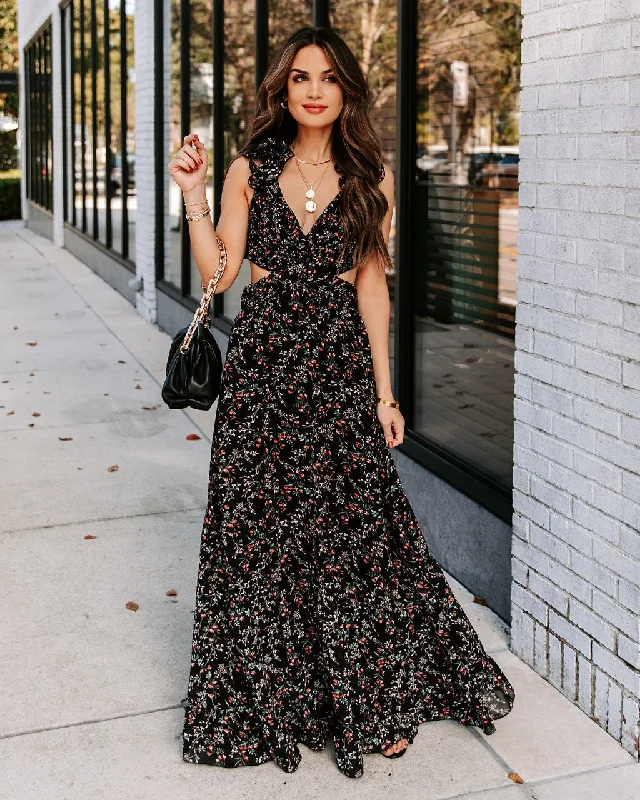 Charlotta Floral Ruffle Cutout Maxi Dress - Black - FINAL SALE Trendy Off-Shoulder Ruffle Maxi Dress