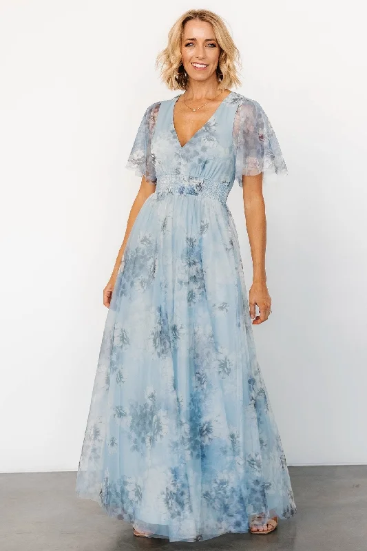 Cressida Tulle Maxi Dress | Blue + Off White Floral Comfortable Plunging Neckline Maxi Dress