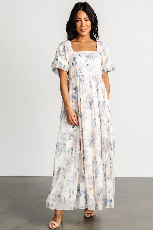 Dalia Maxi Dress | Cream + Blue Floral Stylish Maxi Dress with Frills