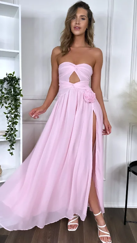 Dominique Pink Strapless and Corsage Detail Maxi Dress Fashionable Chiffon Maxi Dress