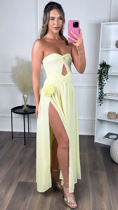 Dominique Yellow Strapless and Corsage Detail Maxi Dress Stylish A-Line Maxi Dress