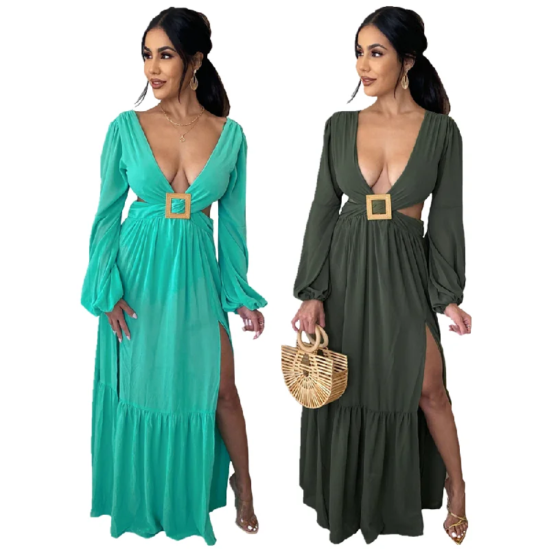 Dropshipping Solid Color Hollow Out Backless V Neck Irregular Long Maxi Dress For Women With Lantern Sleeve Elegant Boho Maxi Dress