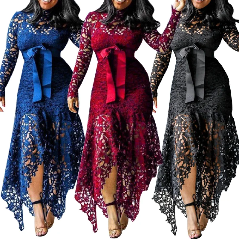 Elegant Vintage Party Sexy Lace Long Dress Plus Size 5XL Women Mesh Hollow Bodycon Blue African Maxi Dress Ladies Vestidos Elegant Velvet Maxi Dress