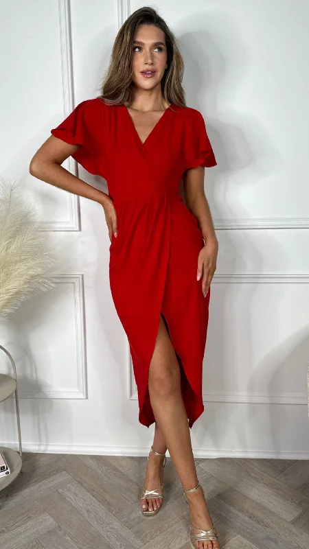 Emmie Red Wrap Over Maxi Dress Comfortable Ruffle Hem Maxi Dress