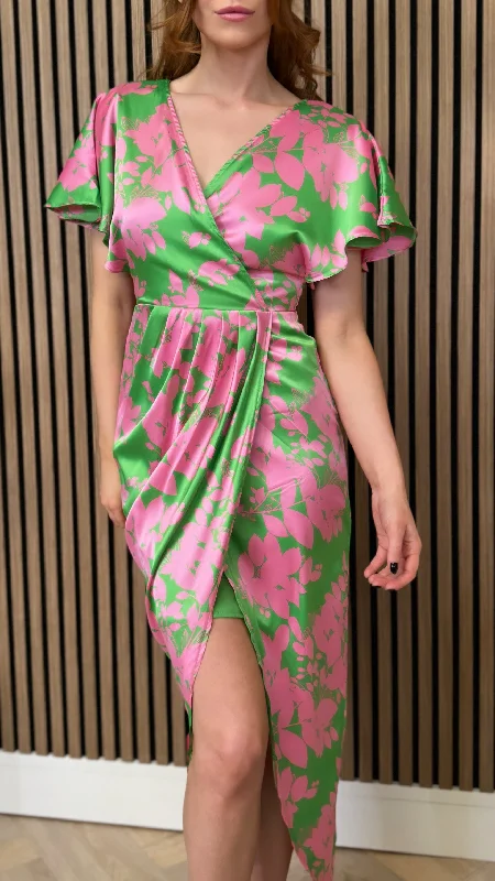 Havana Pink & Green Wrap Over Maxi Dress Classic V-Neck Maxi Dress