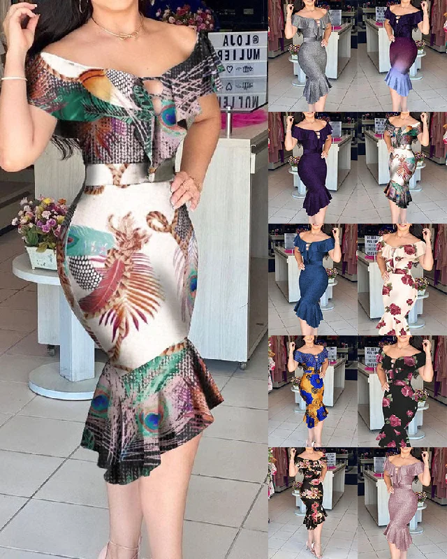 J&H 2022 summer on sale trendy print fishtail skirt plus size bodycon maxi dress women 3XL long casual dresses Chic Button-Up Maxi Dress