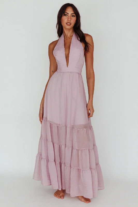 Jalisco Sun Halterneck Maxi Dress Lilac Elegant Pleated Maxi Dress