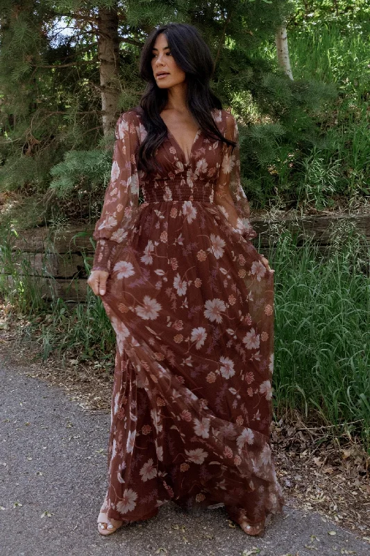 Layla Tulle Maxi Dress | Chestnut Floral Trendy Off-Shoulder Ruffle Maxi Dress