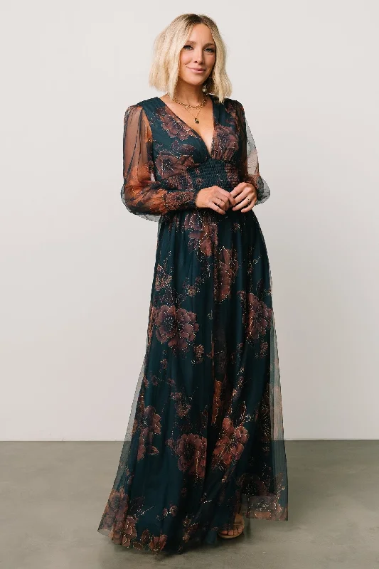 Layla Tulle Maxi Dress | Copper + Blue Metallic Fashionable High-Low Maxi Dress