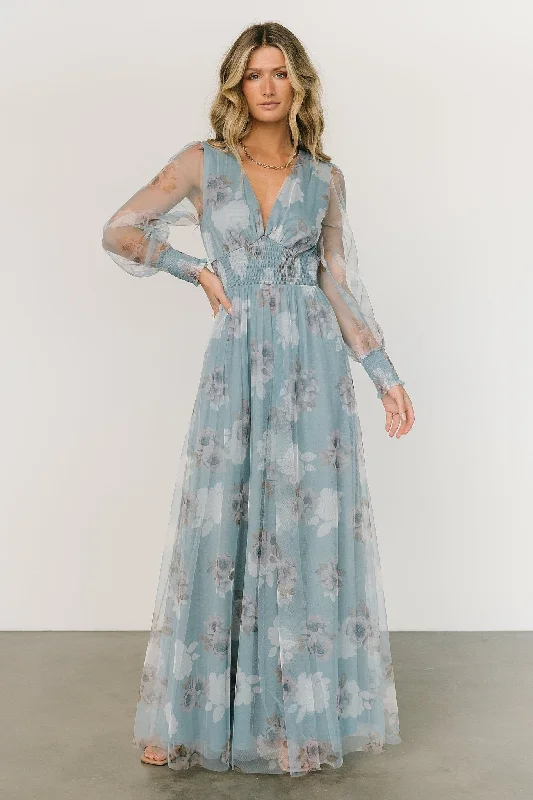 Layla Tulle Maxi Dress | Light Blue Floral Comfortable Cotton Maxi Dress