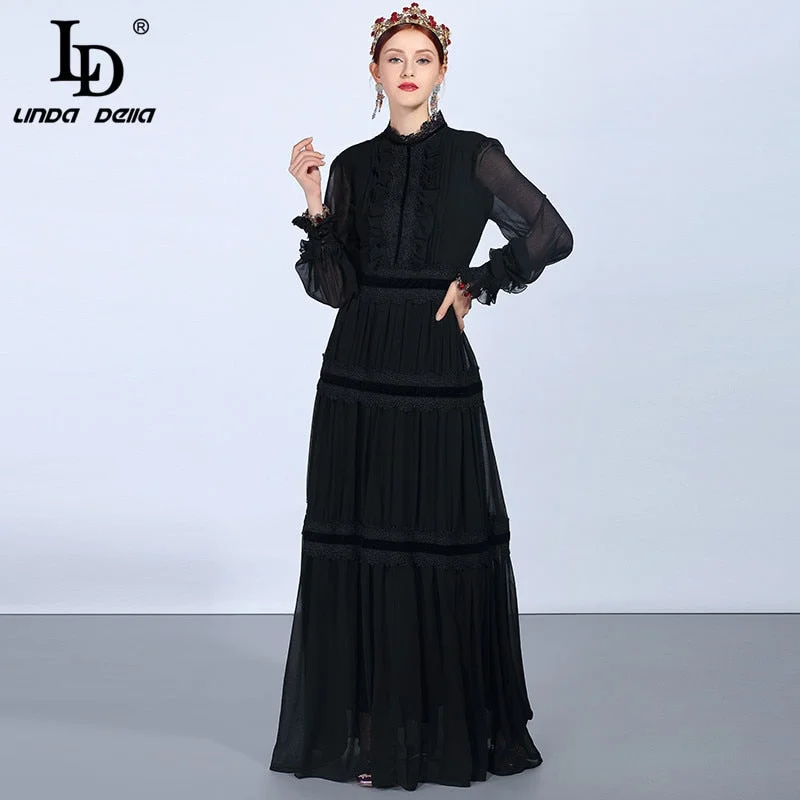 LD LINDA DELLA Fashion Runway Maxi Dresses Women's Long Sleeve Lace Patchwork Ruffles Vintage Black Dress Elegant Party Dress Chic Off-Shoulder Maxi Dress