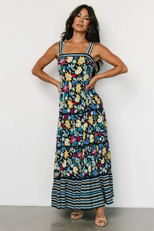 Lucia Tank Maxi Dress | Black Multi Print Fashionable Chiffon Tiered Maxi Dress